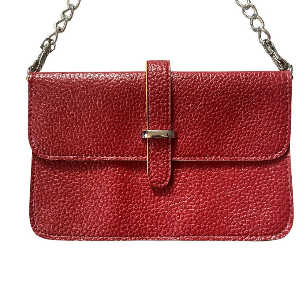 Shiraleah womens red leather shoulder bag handbag purse with silver chain strap